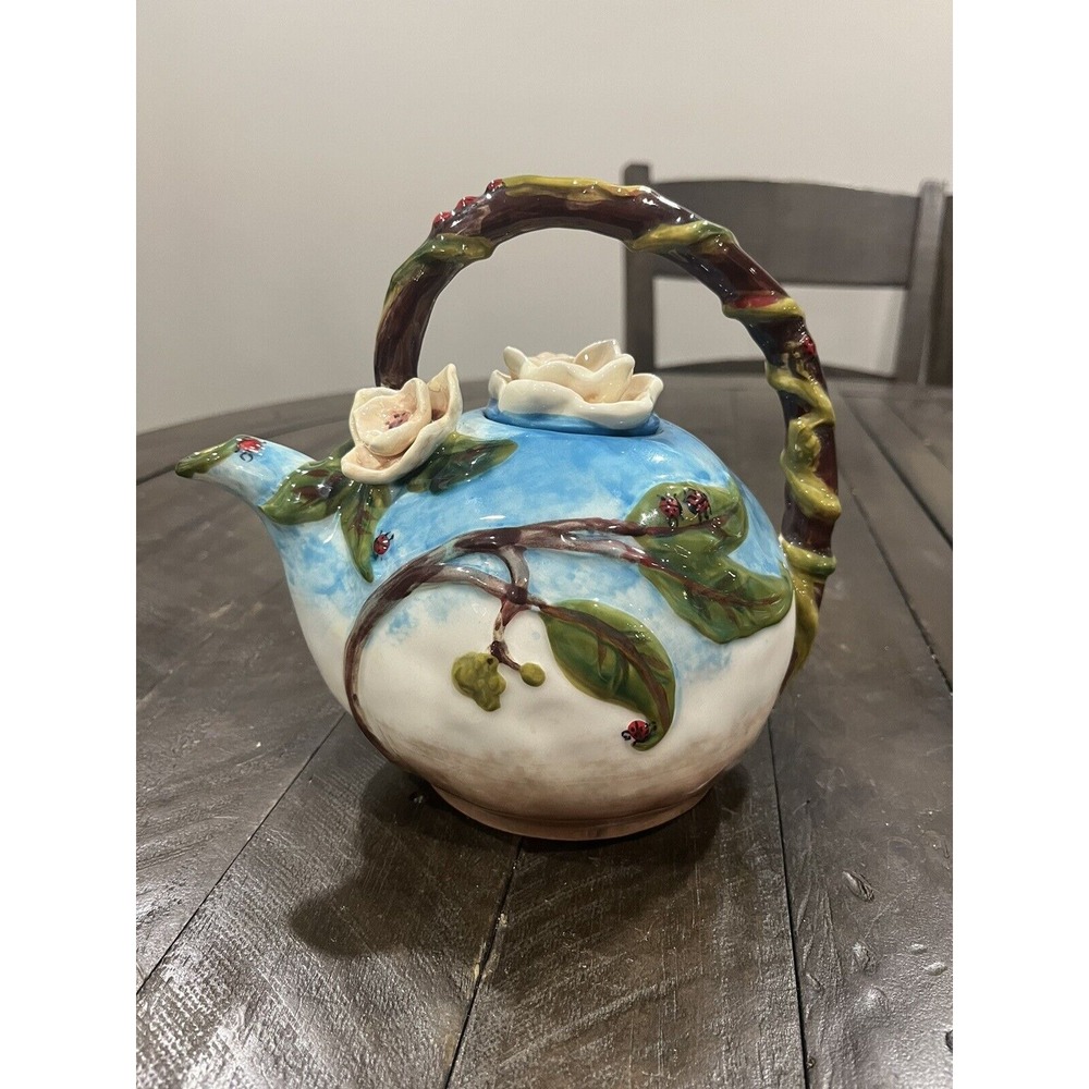 Blue Sky Ceramics Teapot Heather Goldmine Bella Flora Summer Dogwood Ladybugs
